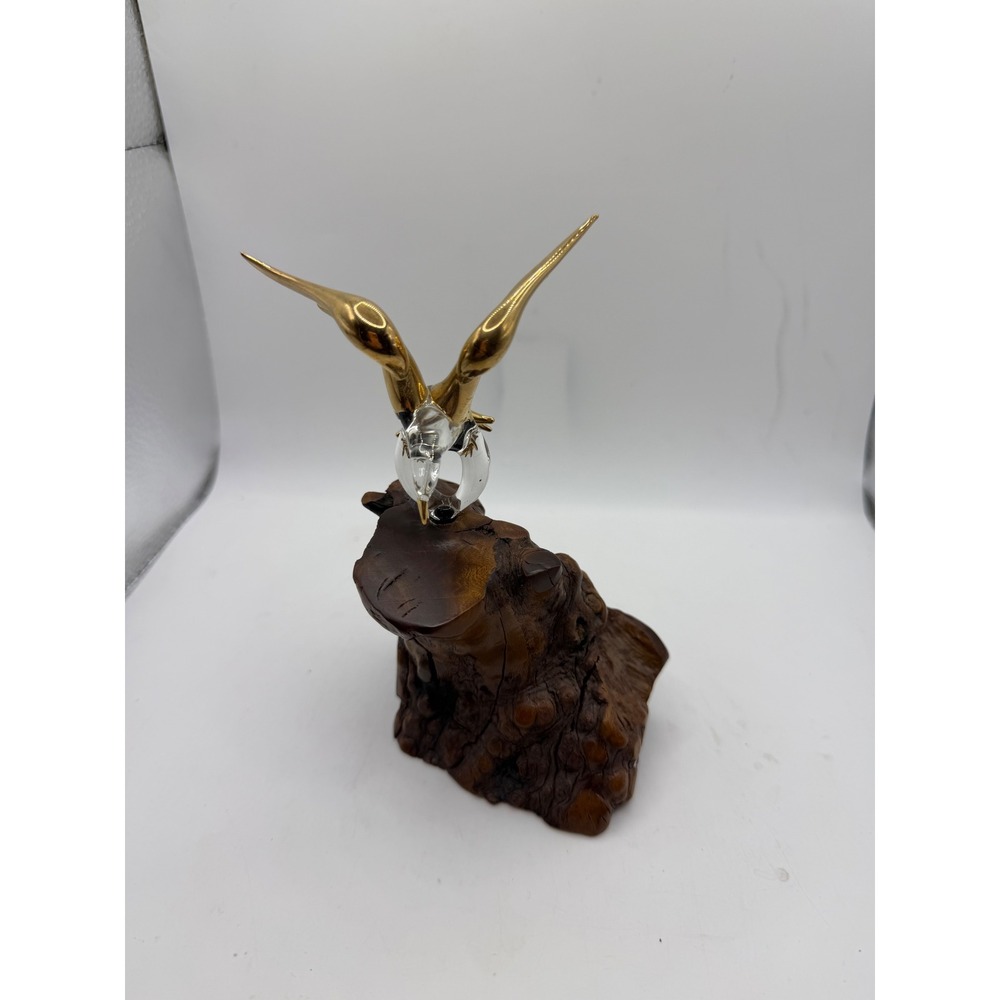Vintage Eagle Figurine Gold Tone Wings Glass Body on Burl Wood Base Sculpture